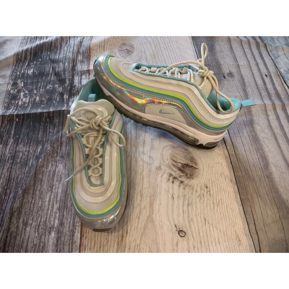 Women’s Nike Air Max Silver Holographic White Blue Neon Green Size 7 GUC
